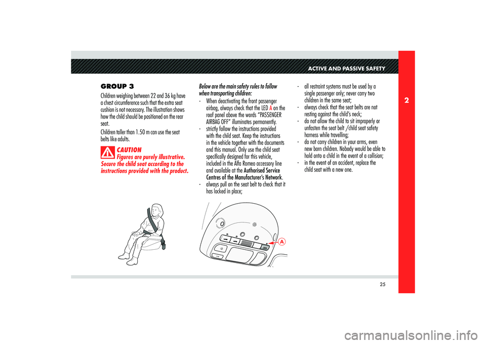 Alfa Romeo 8C 2009  Owner handbook (in English) 25
2
A
ACTIVE AND PASSIVE SAFETY
GROUP 3
Children weighing between 22 and 36 kg have 
a chest circumference such that the extra seat 
cushion is not necessary. The illustration shows 
how the child sh