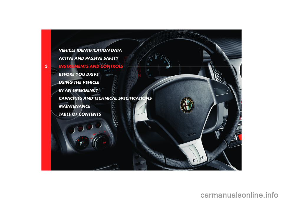 Alfa Romeo 8C 2007  Owner handbook (in English) 3VEHICLE IDENTIFICATION DATA 
ACTIVE AND PASSIVE SAFETY
INSTRUMENTS AND CONTROLS
BEFORE YOU DRIVE
USING THE VEHICLE
IN AN EMERGENCY
CAPACITIES AND TECHNICAL SPECIFICATIONS
MAINTENANCE
TABLE OF CONTENT