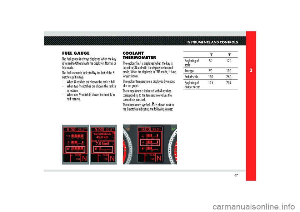 Alfa Romeo 8C 2007  Owner handbook (in English) 67
3
°C
50
°C90 130
50 90 130
0 1/2 1
INSTRUMENTS AND CONTROLS
FUEL GAUGE
The fuel gauge is always displayed when the key 
is turned to ON and with the display in Normal or 
Trip mode.
The fuel rese