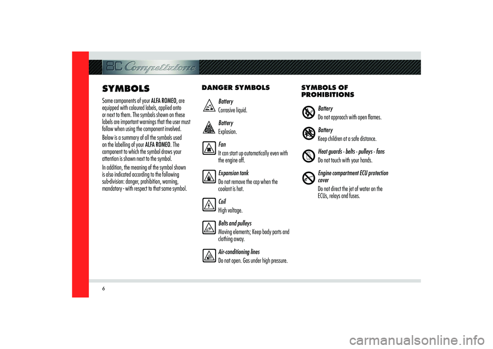 Alfa Romeo 8C 2009  Owner handbook (in English) 6SYMBOLSSome components of your ALFA ROMEO, are 
equipped with coloured labels, applied onto 
or next to them. The symbols shown on these 
labels are important warnings that the user must 
follow when