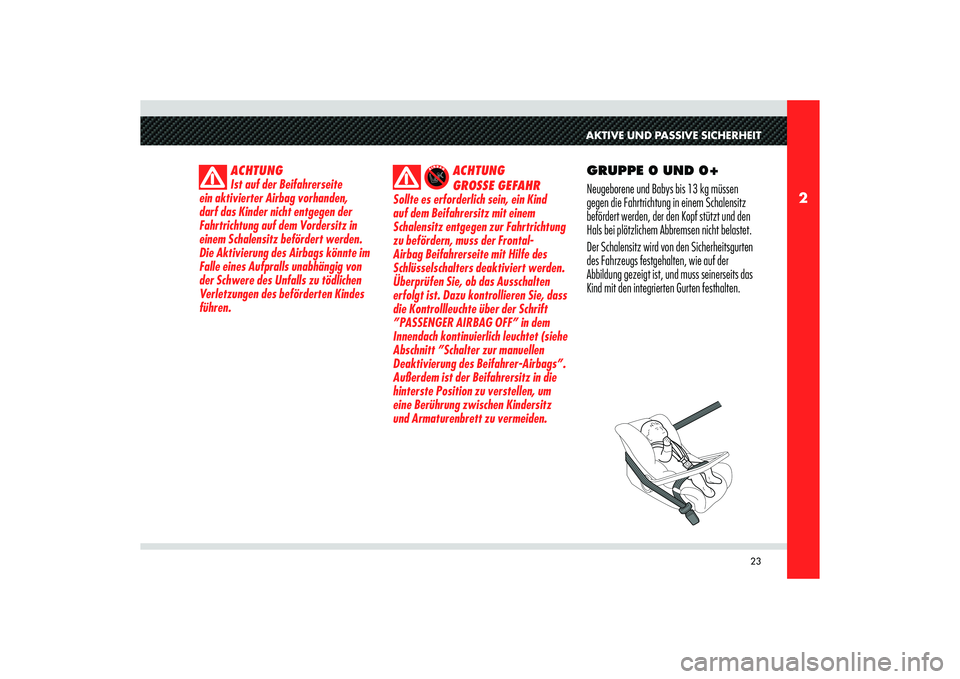 Alfa Romeo 8C 2010  Betriebsanleitung (in German) 23
2
AKTIVE UND PASSIVE SICHERHEIT
ACHTUNG
Ist auf der Beifahrerseite 
ein aktivierter Airbag vorhanden, 
darf das Kinder nicht entgegen der 
Fahrtrichtung auf dem Vordersitz in 
einem Schalensitz bef