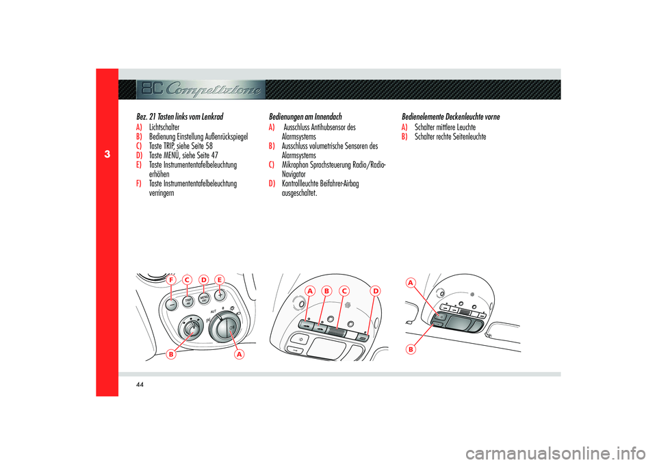 Alfa Romeo 8C 2010  Betriebsanleitung (in German) 44
3
A
B
C
D
F
C
D
E
B
A
AB
Bedienungen am InnendachA)   Ausschluss Antihubsensor des 
AlarmsystemsB)  Ausschluss volumetrische Sensoren des 
AlarmsystemsC)  Mikrophon Sprachsteuerung Radio/Radio-
Nav