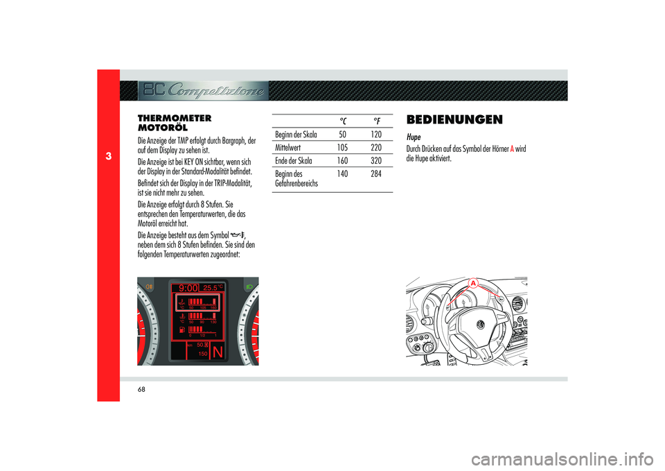 Alfa Romeo 8C 2010  Betriebsanleitung (in German) 68
3
A
THERMOMETER 
MOTORÖL
Die Anzeige der TMP erfolgt durch Bargraph, der 
auf dem Display zu sehen ist.
Die Anzeige ist bei KEY ON sichtbar, wenn sich 
der Display in der Standard-Modalität befin