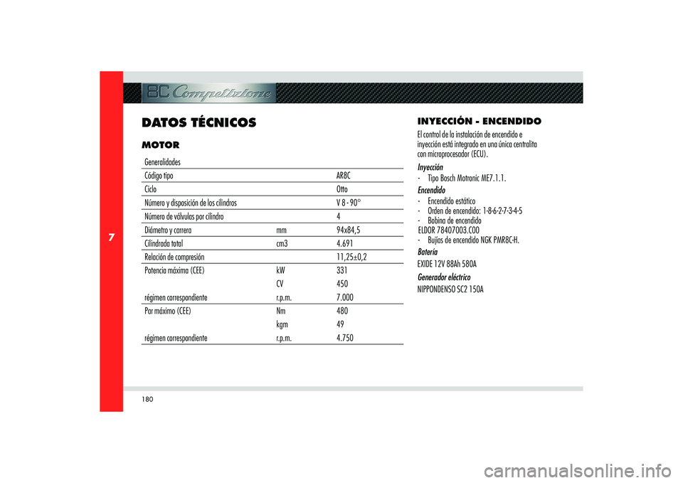 Alfa Romeo 8C 2008  Manual de Empleo y Cuidado (in Spanish) 180
7
DATOS TÉCNICOSMOTORGeneralidades
Código tipo AR8C
Ciclo Otto
Número y disposición de los cilindros V 8 - 90° 
Número de válvulas por cilindro 4
Diámetro y carrera  mm 94x84,5
Cilindrada 