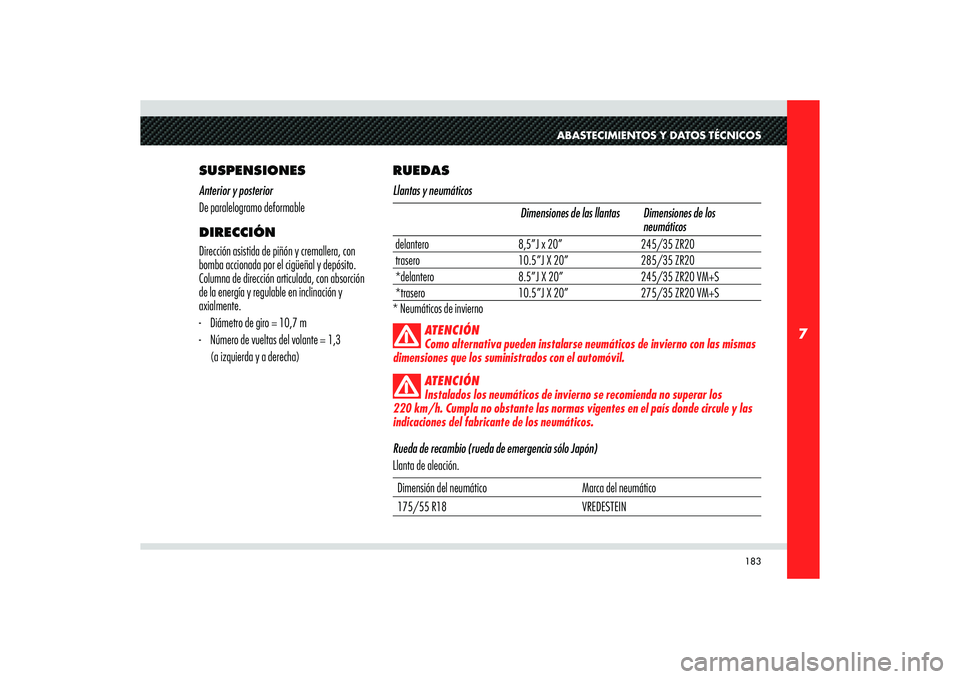 Alfa Romeo 8C 2008  Manual de Empleo y Cuidado (in Spanish) 183
7
ABASTECIMIENTOS Y DATOS TÉCNICOS
SUSPENSIONES
Anterior y posterior
De paralelogramo deformable
DIRECCIÓN
Dirección asistida de piñón y cremallera, con 
bomba accionada por el cigüeñal y d