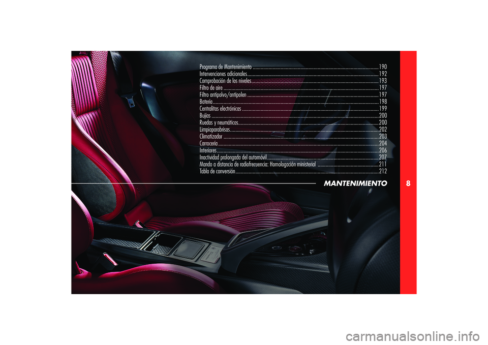 Alfa Romeo 8C 2008 Manual de Empleo y Cuidado (in Spanish) 8
MANTENIMIENTO
Programa de Mantenimiento ............................................................................................... 190
Intervenciones adicionales ............................... Alfa Romeo 8C 2008 Manual de Empleo y Cuidado (in Spanish) 8
MANTENIMIENTO
Programa de Mantenimiento ............................................................................................... 190
Intervenciones adicionales ...............................