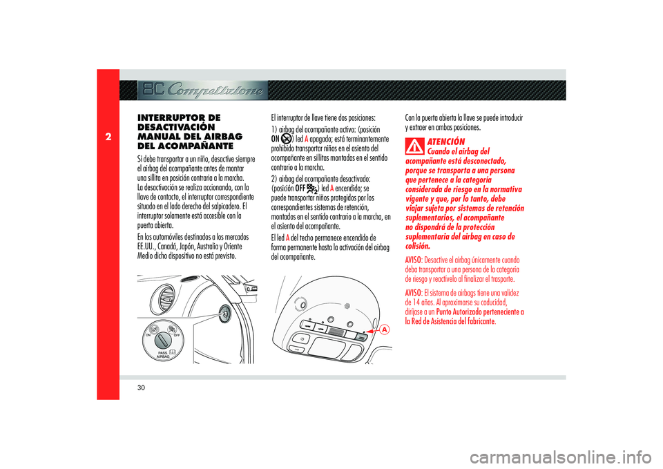 Alfa Romeo 8C 2010 Manual de Empleo y Cuidado (in Spanish) 30
2
A
INTERRUPTOR DE
DESACTIVACIÓN
MANUAL DEL AIRBAG
DEL ACOMPAÑANTE
Si debe transportar a un niño, desactive siempre
el airbag del acompañante antes de montar
una sillita en posición contr Alfa Romeo 8C 2010 Manual de Empleo y Cuidado (in Spanish) 30
2
A
INTERRUPTOR DE
DESACTIVACIÓN
MANUAL DEL AIRBAG
DEL ACOMPAÑANTE
Si debe transportar a un niño, desactive siempre
el airbag del acompañante antes de montar
una sillita en posición contr