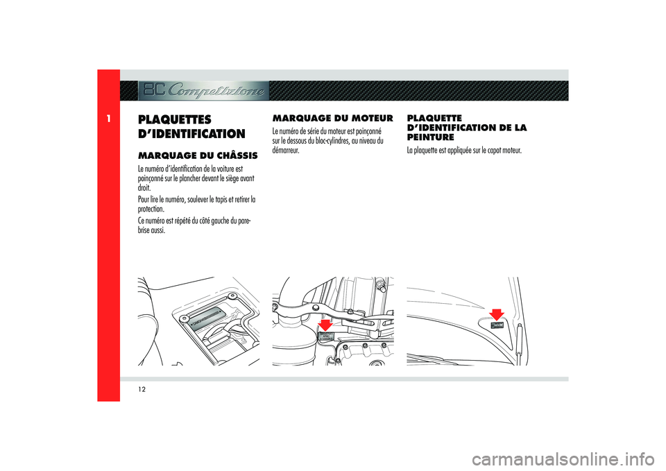 Alfa Romeo 8C 2008  Notice dentretien (in French) 12
1
MARQUAGE DU MOTEUR
Le numéro de série du moteur est poinçonné 
sur le dessous du bloc-cylindres, au niveau du 
démarreur.
PLAQUETTES 
D’IDENTIFICATION MARQUAGE DU CHÂSSIS
Le numéro d’i