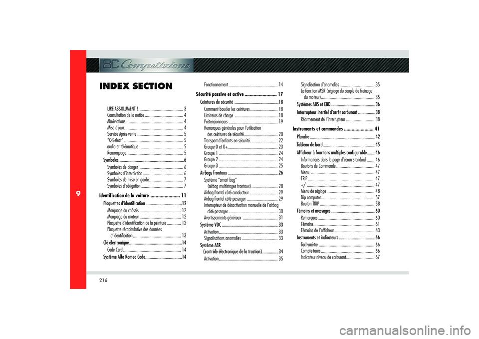 Alfa Romeo 8C 2008  Notice dentretien (in French) 216
9
LIRE ABSOLUMENT ! ......................................... 3
Consultation de la notice ................................... 4
Abréviations .................................................... 4