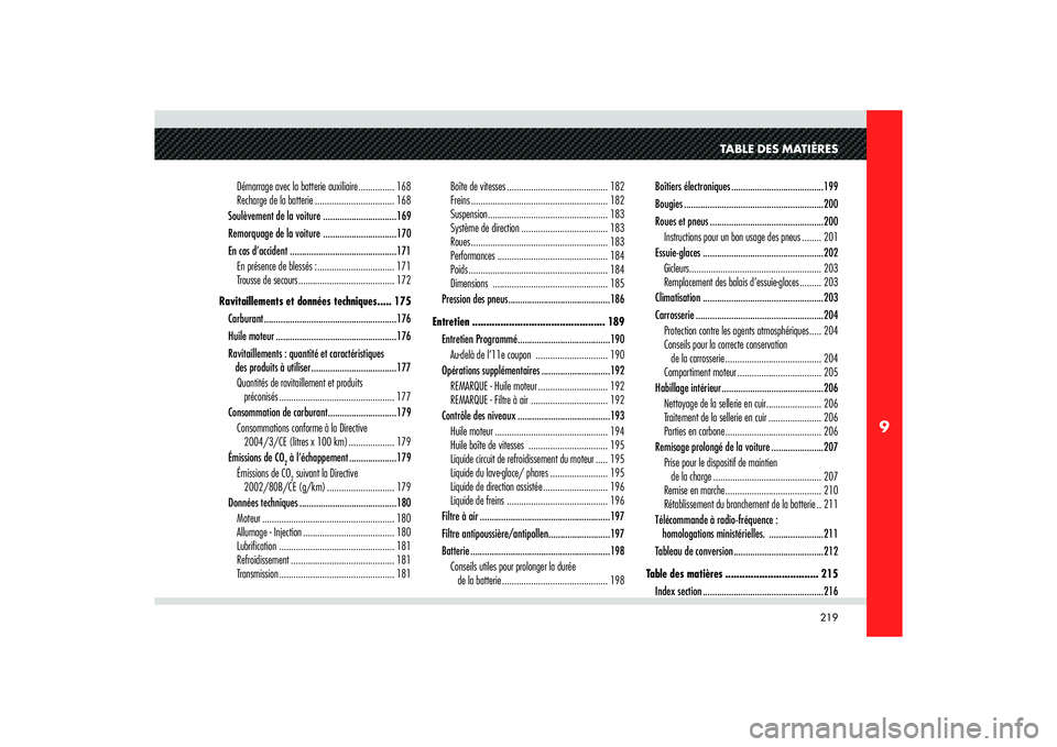 Alfa Romeo 8C 2008  Notice dentretien (in French) 219
9
TABLE DES MATIÈRES
Démarrage avec la batterie auxiliaire ............... 168
Recharge de la batterie ................................. 168
Soulèvement de la voiture  .........................
