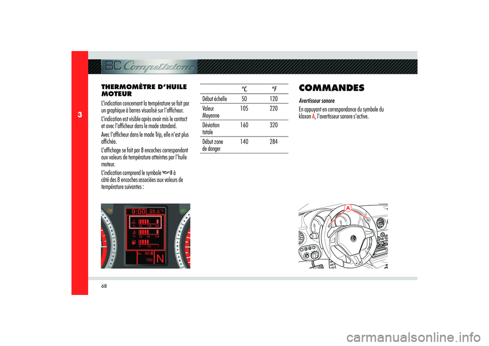 Alfa Romeo 8C 2008  Notice dentretien (in French) 68
3
A
THERMOMÈTRE D’HUILE 
MOTEUR
L’indication concernant la température se fait par 
un graphique à barres visualisé sur l’afficheur.
L’indication est visible après avoir mis le contact