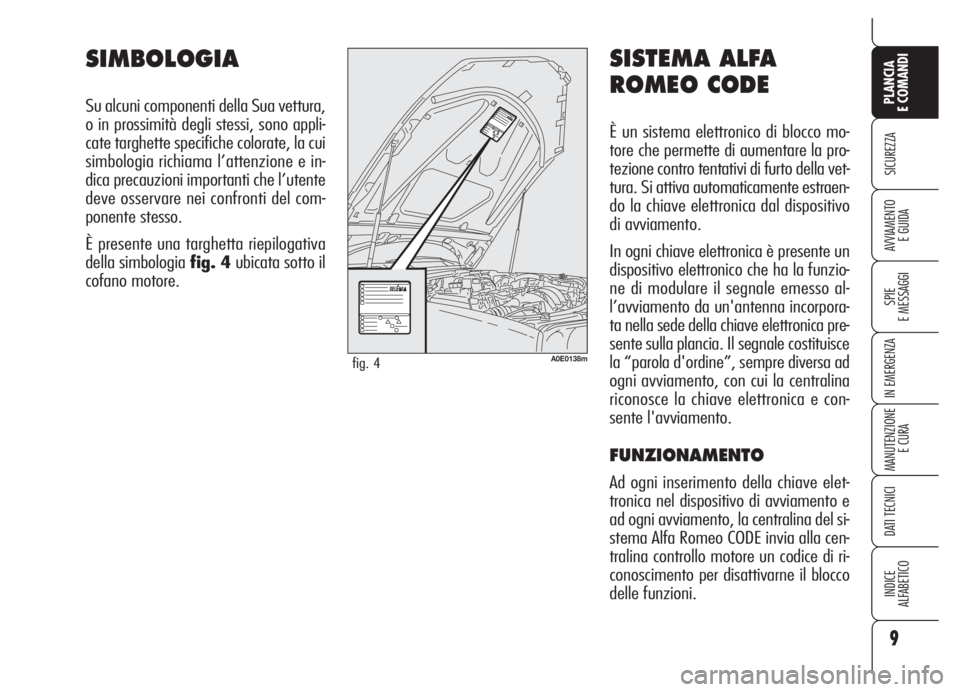 Alfa Romeo 159 2005  Libretto Uso Manutenzione (in Italian) SISTEMA ALFA
ROMEO CODE
È un sistema elettronico di blocco mo-
tore che permette di aumentare la pro-
tezione contro tentativi di furto della vet-
tura. Si attiva automaticamente estraen-
do la chiav