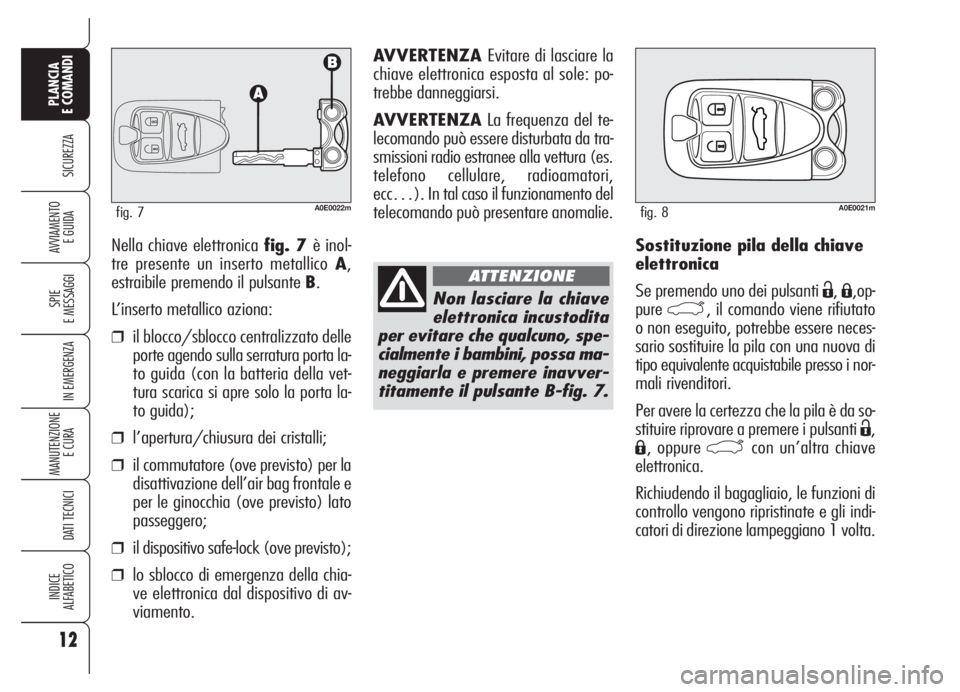Alfa Romeo 159 2005  Libretto Uso Manutenzione (in Italian) Sostituzione pila della chiave
elettronica
Se premendo uno dei pulsanti 
Ë,Á,op-
pure
`, il comando viene rifiutato
o non eseguito, potrebbe essere neces-
sario sostituire la pila con una nuova di
t