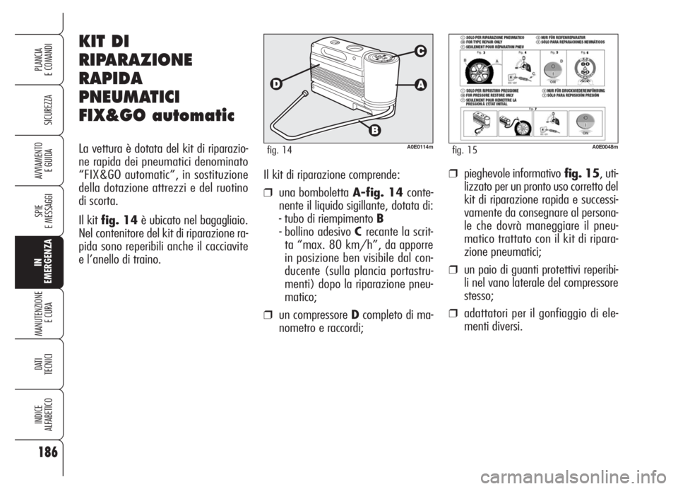Alfa Romeo 159 2005 Libretto Uso Manutenzione (in Italian) Il kit di riparazione comprende:
❒una bomboletta A-fig. 14conte-
nente il liquido sigillante, dotata di:
- tubo di riempimento B
- bollino adesivo Crecante la scrit-
ta “max. 80 km/h”, da apporr Alfa Romeo 159 2005 Libretto Uso Manutenzione (in Italian) Il kit di riparazione comprende:
❒una bomboletta A-fig. 14conte-
nente il liquido sigillante, dotata di:
- tubo di riempimento B
- bollino adesivo Crecante la scrit-
ta “max. 80 km/h”, da apporr
