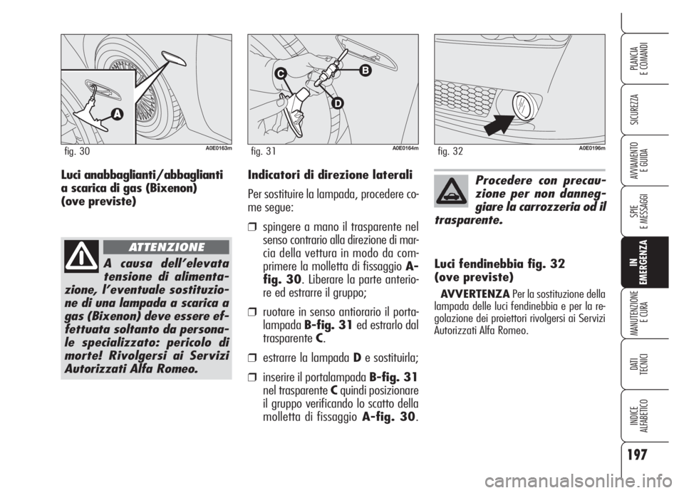 Alfa Romeo 159 2005 Libretto Uso Manutenzione (in Italian) 197
SICUREZZA
SPIE
E MESSAGGI
IN
EMERGENZA
MANUTENZIONE
E CURA
DATI
TECNICI
INDICE
ALFABETICO
PLANCIA
E COMANDI
AVVIAMENTO
E GUIDAIndicatori di direzione laterali
Per sostituire la lampada, proceder Alfa Romeo 159 2005 Libretto Uso Manutenzione (in Italian) 197
SICUREZZA
SPIE
E MESSAGGI
IN
EMERGENZA
MANUTENZIONE
E CURA
DATI
TECNICI
INDICE
ALFABETICO
PLANCIA
E COMANDI
AVVIAMENTO
E GUIDAIndicatori di direzione laterali
Per sostituire la lampada, proceder