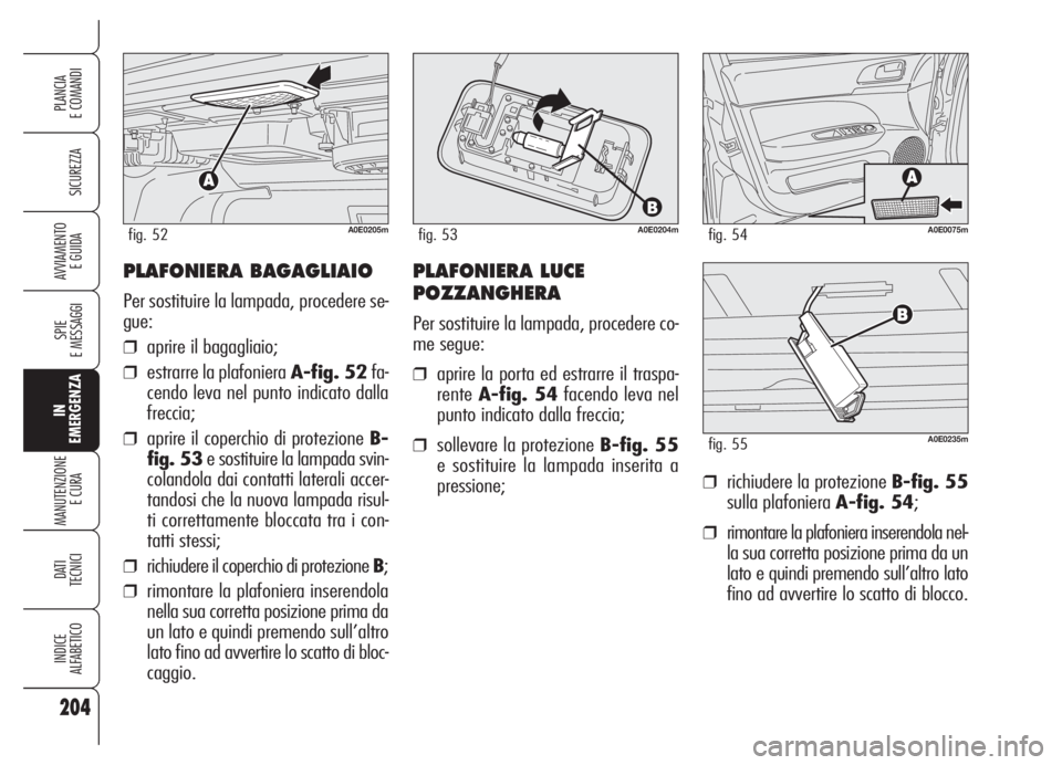 Alfa Romeo 159 2005 Libretto Uso Manutenzione (in Italian) PLAFONIERA BAGAGLIAIO
Per sostituire la lampada, procedere se-
gue:
❒aprire il bagagliaio;
❒estrarre la plafoniera A-fig. 52fa-
cendo leva nel punto indicato dalla
freccia;
❒aprire il coperchio Alfa Romeo 159 2005 Libretto Uso Manutenzione (in Italian) PLAFONIERA BAGAGLIAIO
Per sostituire la lampada, procedere se-
gue:
❒aprire il bagagliaio;
❒estrarre la plafoniera A-fig. 52fa-
cendo leva nel punto indicato dalla
freccia;
❒aprire il coperchio