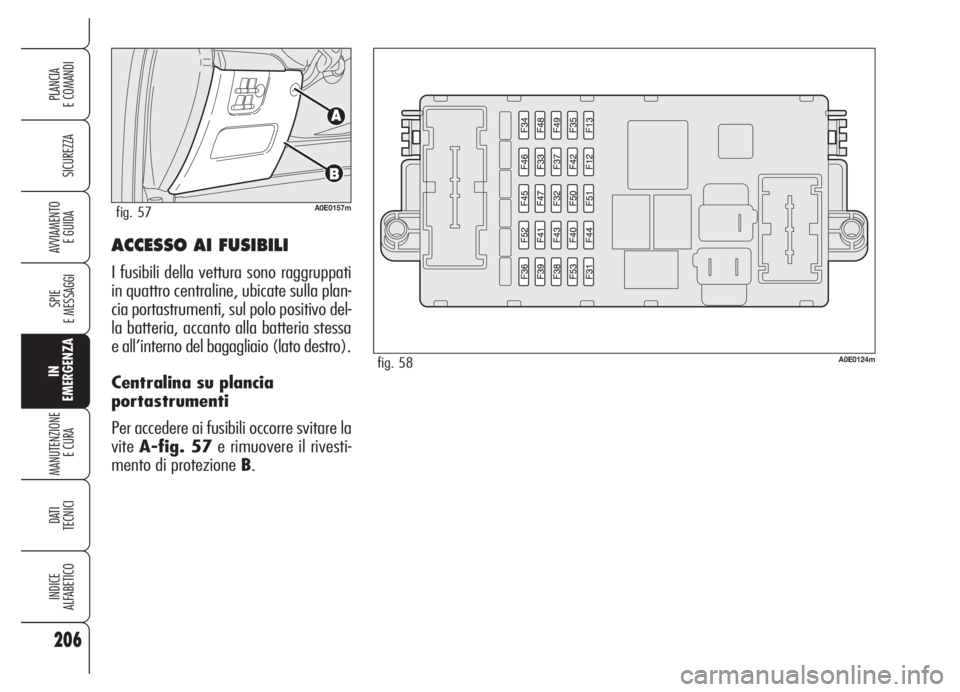 Alfa Romeo 159 2005 Libretto Uso Manutenzione (in Italian) ACCESSO AI FUSIBILI
I fusibili della vettura sono raggruppati
in quattro centraline, ubicate sulla plan-
cia portastrumenti, sul polo positivo del-
la batteria, accanto alla batteria stessa
e all’in Alfa Romeo 159 2005 Libretto Uso Manutenzione (in Italian) ACCESSO AI FUSIBILI
I fusibili della vettura sono raggruppati
in quattro centraline, ubicate sulla plan-
cia portastrumenti, sul polo positivo del-
la batteria, accanto alla batteria stessa
e all’in