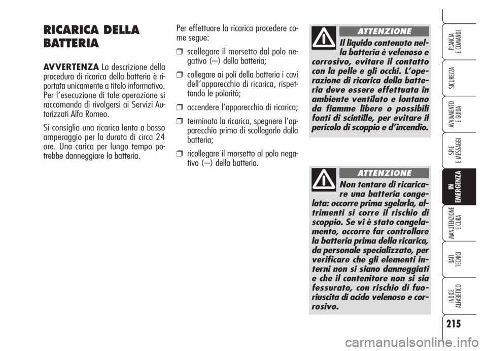Alfa Romeo 159 2005  Libretto Uso Manutenzione (in Italian) 215
SICUREZZA
SPIE
E MESSAGGI
IN
EMERGENZA
MANUTENZIONE
E CURA
DATI 
TECNICI
INDICE
ALFABETICO
PLANCIA
E COMANDI
AVVIAMENTO 
E GUIDA
RICARICA DELLA
BATTERIA
AVVERTENZALa descrizione della
procedura di