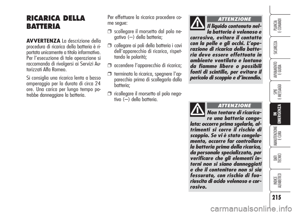 Alfa Romeo 159 2005 Libretto Uso Manutenzione (in Italian) 215
SICUREZZA
SPIE
E MESSAGGI
IN
EMERGENZA
MANUTENZIONE
E CURA
DATI
TECNICI
INDICE
ALFABETICO
PLANCIA
E COMANDI
AVVIAMENTO
E GUIDA
RICARICA DELLA
BATTERIA
AVVERTENZALa descrizione della
procedura di Alfa Romeo 159 2005 Libretto Uso Manutenzione (in Italian) 215
SICUREZZA
SPIE
E MESSAGGI
IN
EMERGENZA
MANUTENZIONE
E CURA
DATI
TECNICI
INDICE
ALFABETICO
PLANCIA
E COMANDI
AVVIAMENTO
E GUIDA
RICARICA DELLA
BATTERIA
AVVERTENZALa descrizione della
procedura di