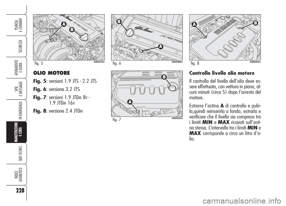 Alfa Romeo 159 2005 Libretto Uso Manutenzione (in Italian) 228
SICUREZZA
SPIE
E MESSAGGI
IN EMERGENZA
MANUTENZIONE
E CURA
DATI TECNICI
INDICE
ALFABETICO
PLANCIA
E COMANDI
AVVIAMENTO
E GUIDAOLIO MOTORE
Fig. 5: versioni 1.9 JTS - 2.2 JTS
Fig. 6: versione 3.2 Alfa Romeo 159 2005 Libretto Uso Manutenzione (in Italian) 228
SICUREZZA
SPIE
E MESSAGGI
IN EMERGENZA
MANUTENZIONE
E CURA
DATI TECNICI
INDICE
ALFABETICO
PLANCIA
E COMANDI
AVVIAMENTO
E GUIDAOLIO MOTORE
Fig. 5: versioni 1.9 JTS - 2.2 JTS
Fig. 6: versione 3.2