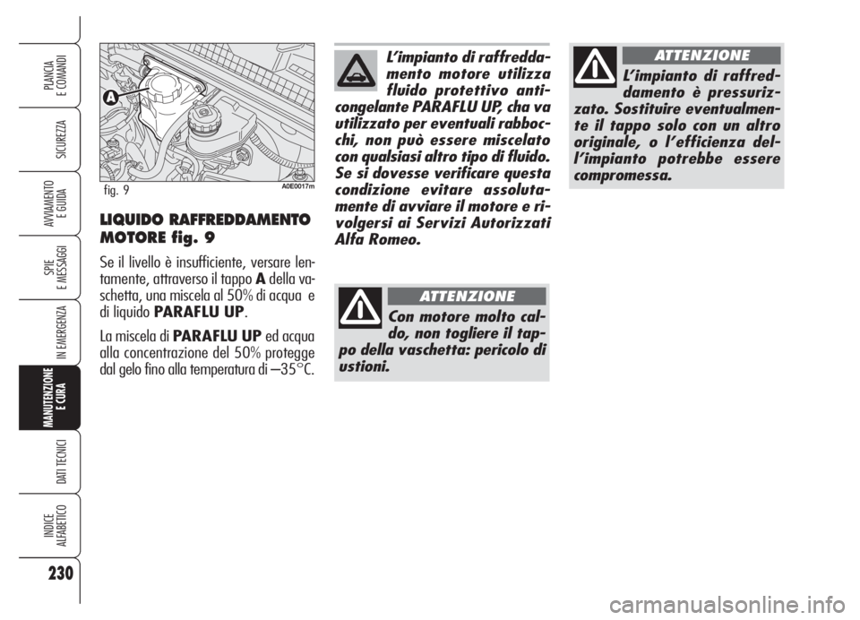 Alfa Romeo 159 2005 Libretto Uso Manutenzione (in Italian) 230
SICUREZZA
SPIE
E MESSAGGI
IN EMERGENZA
MANUTENZIONE
E CURA
DATI TECNICI
INDICE
ALFABETICO
PLANCIA
E COMANDI
AVVIAMENTO
E GUIDALIQUIDO RAFFREDDAMENTO
MOTORE fig. 9
Se il livello è insufficiente, Alfa Romeo 159 2005 Libretto Uso Manutenzione (in Italian) 230
SICUREZZA
SPIE
E MESSAGGI
IN EMERGENZA
MANUTENZIONE
E CURA
DATI TECNICI
INDICE
ALFABETICO
PLANCIA
E COMANDI
AVVIAMENTO
E GUIDALIQUIDO RAFFREDDAMENTO
MOTORE fig. 9
Se il livello è insufficiente,