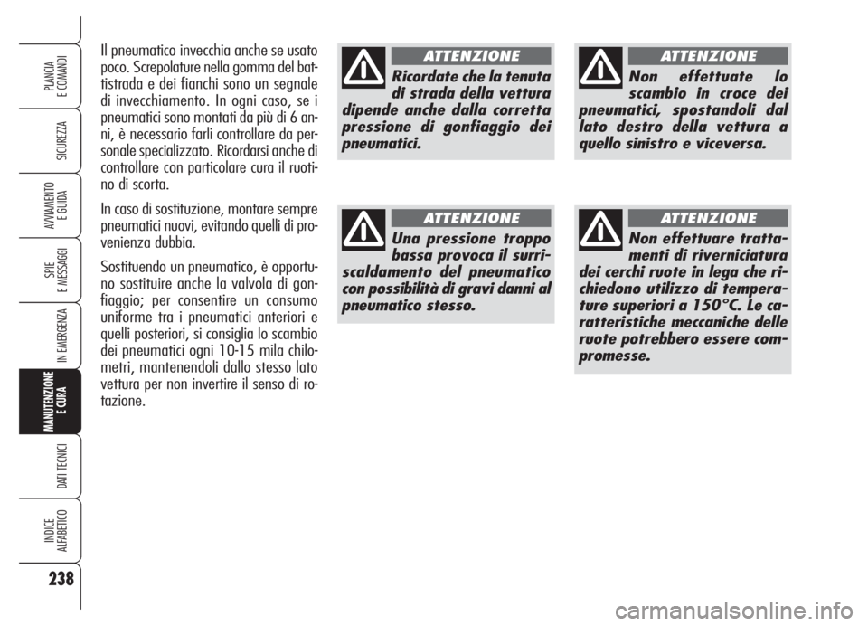 Alfa Romeo 159 2005 Libretto Uso Manutenzione (in Italian) 238
SICUREZZA
SPIE
E MESSAGGI
IN EMERGENZA
MANUTENZIONE
E CURA
DATI TECNICI
INDICE
ALFABETICO
PLANCIA
E COMANDI
AVVIAMENTO
E GUIDA
Ricordate che la tenuta
di strada della vettura
dipende anche dalla Alfa Romeo 159 2005 Libretto Uso Manutenzione (in Italian) 238
SICUREZZA
SPIE
E MESSAGGI
IN EMERGENZA
MANUTENZIONE
E CURA
DATI TECNICI
INDICE
ALFABETICO
PLANCIA
E COMANDI
AVVIAMENTO
E GUIDA
Ricordate che la tenuta
di strada della vettura
dipende anche dalla