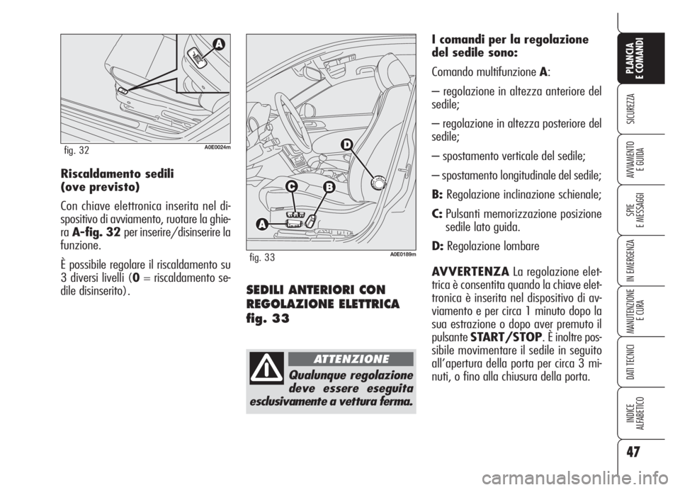 Alfa Romeo 159 2005  Libretto Uso Manutenzione (in Italian) 47
SICUREZZA
SPIE
E MESSAGGI
IN EMERGENZA
MANUTENZIONE
E CURA
DATI TECNICI
INDICE
ALFABETICO
PLANCIA
E COMANDI
AVVIAMENTO 
E GUIDA
SEDILI ANTERIORI CON
REGOLAZIONE ELETTRICA
fig. 33
I comandi per la r