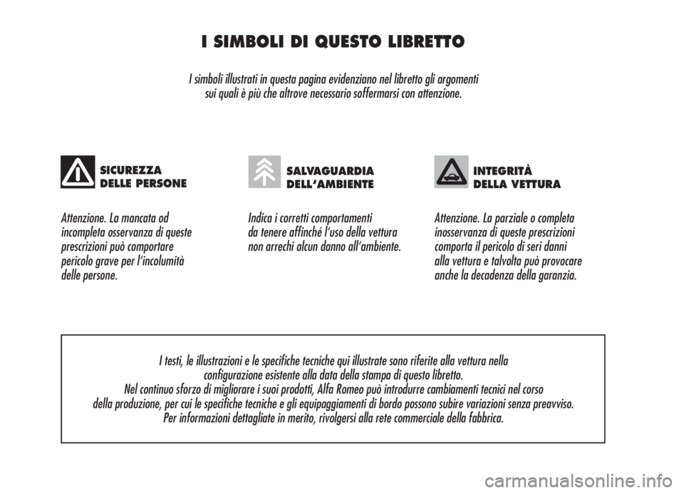 Alfa Romeo 159 2005  Libretto Uso Manutenzione (in Italian) I SIMBOLI DI QUESTO LIBRETTO
I simboli illustrati in questa pagina evidenziano nel libretto gli argomenti 
sui quali è più che altrove necessario soffermarsi con attenzione.
Attenzione. La mancata o