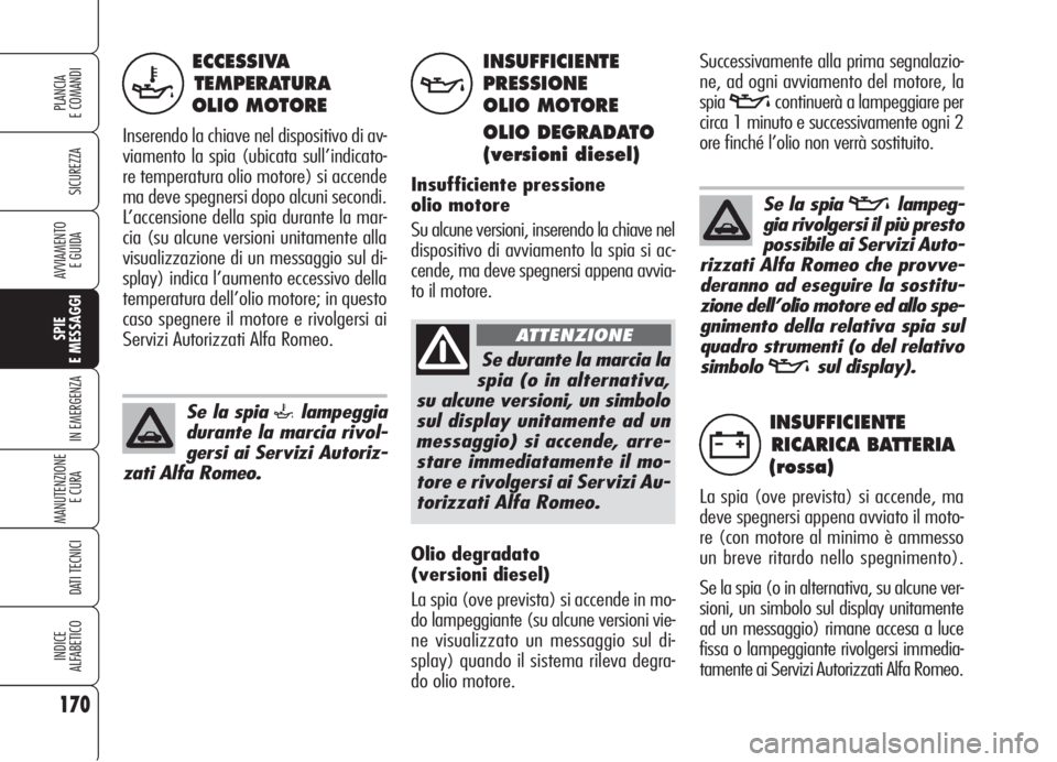 Alfa Romeo 159 2006 Libretto Uso Manutenzione (in Italian) 170
SICUREZZA
SPIE
E MESSAGGI
IN EMERGENZA
MANUTENZIONE
E CURA
DATI TECNICI
INDICE
ALFABETICO
PLANCIA
E COMANDI
AVVIAMENTO
E GUIDA
ECCESSIVA
TEMPERATURA
OLIO MOTORE
Inserendo la chiave nel dispositi Alfa Romeo 159 2006 Libretto Uso Manutenzione (in Italian) 170
SICUREZZA
SPIE
E MESSAGGI
IN EMERGENZA
MANUTENZIONE
E CURA
DATI TECNICI
INDICE
ALFABETICO
PLANCIA
E COMANDI
AVVIAMENTO
E GUIDA
ECCESSIVA
TEMPERATURA
OLIO MOTORE
Inserendo la chiave nel dispositi