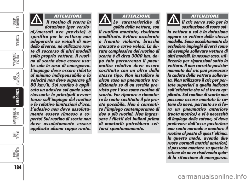 Alfa Romeo 159 2006 Libretto Uso Manutenzione (in Italian) 184
SICUREZZA
SPIE
E MESSAGGI
IN
EMERGENZA
MANUTENZIONE
E CURA
DATI
TECNICI
INDICE
ALFABETICO
PLANCIA
E COMANDI
AVVIAMENTO
E GUIDA
Il ruotino di scorta in
dotazione (per versio-
ni/mercati ove previ Alfa Romeo 159 2006 Libretto Uso Manutenzione (in Italian) 184
SICUREZZA
SPIE
E MESSAGGI
IN
EMERGENZA
MANUTENZIONE
E CURA
DATI
TECNICI
INDICE
ALFABETICO
PLANCIA
E COMANDI
AVVIAMENTO
E GUIDA
Il ruotino di scorta in
dotazione (per versio-
ni/mercati ove previ