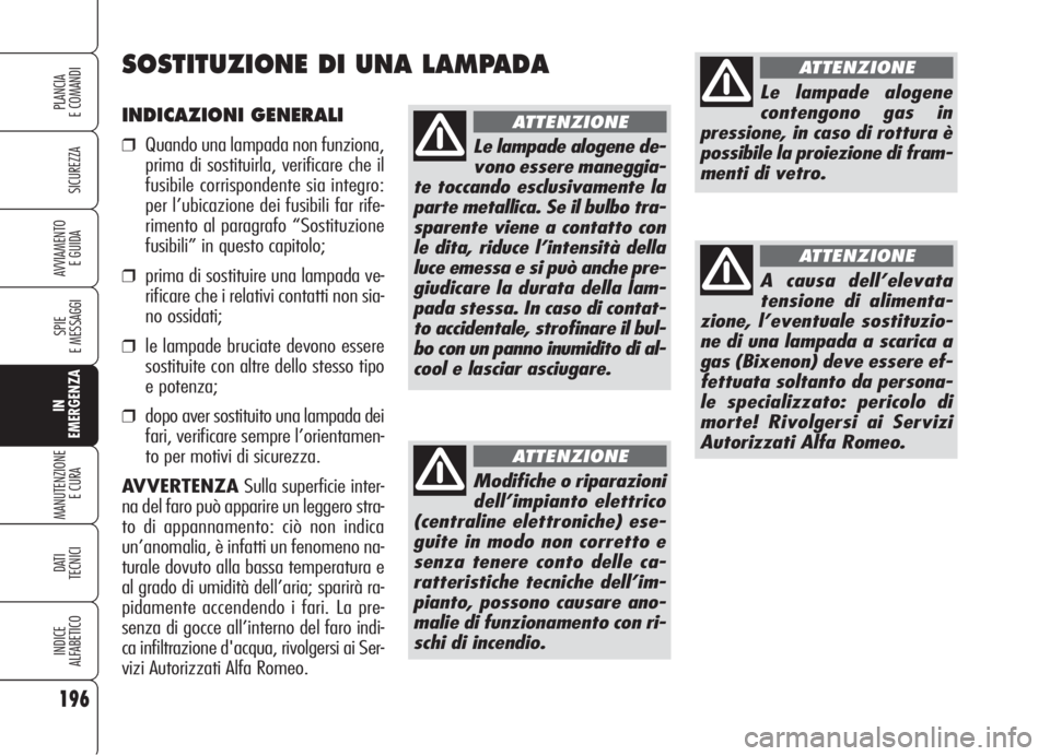 Alfa Romeo 159 2006 Libretto Uso Manutenzione (in Italian) 196
SICUREZZA
SPIE
E MESSAGGI
IN
EMERGENZA
MANUTENZIONE
E CURA
DATI
TECNICI
INDICE
ALFABETICO
PLANCIA
E COMANDI
AVVIAMENTO
E GUIDA
INDICAZIONI GENERALI
❒Quando una lampada non funziona,
prima di s Alfa Romeo 159 2006 Libretto Uso Manutenzione (in Italian) 196
SICUREZZA
SPIE
E MESSAGGI
IN
EMERGENZA
MANUTENZIONE
E CURA
DATI
TECNICI
INDICE
ALFABETICO
PLANCIA
E COMANDI
AVVIAMENTO
E GUIDA
INDICAZIONI GENERALI
❒Quando una lampada non funziona,
prima di s