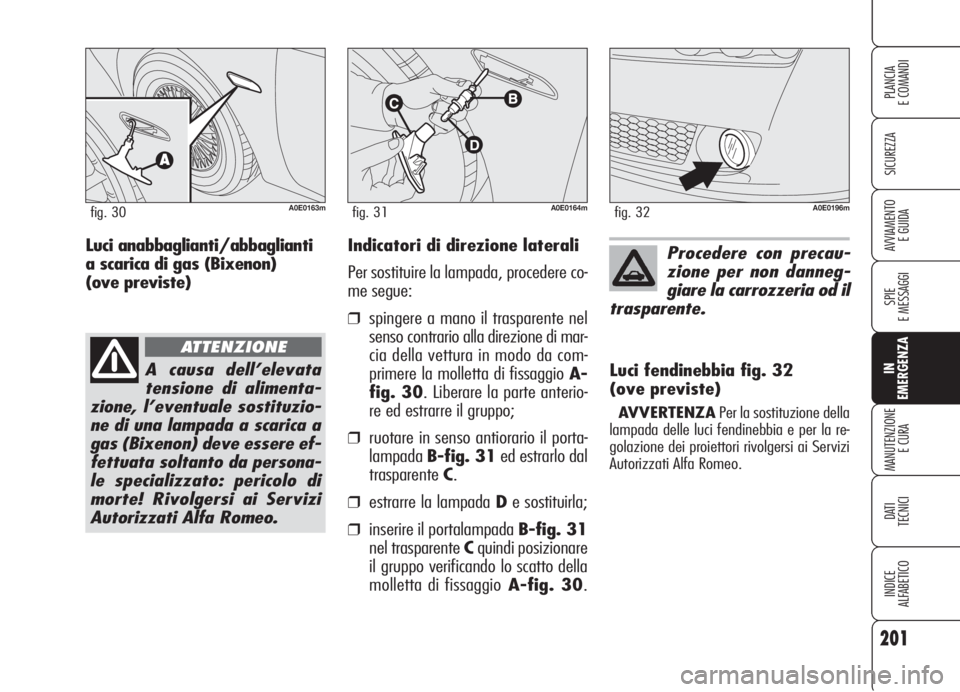 Alfa Romeo 159 2006 Libretto Uso Manutenzione (in Italian) 201
SICUREZZA
SPIE
E MESSAGGI
IN
EMERGENZA
MANUTENZIONE
E CURA
DATI
TECNICI
INDICE
ALFABETICO
PLANCIA
E COMANDI
AVVIAMENTO
E GUIDAIndicatori di direzione laterali
Per sostituire la lampada, proceder Alfa Romeo 159 2006 Libretto Uso Manutenzione (in Italian) 201
SICUREZZA
SPIE
E MESSAGGI
IN
EMERGENZA
MANUTENZIONE
E CURA
DATI
TECNICI
INDICE
ALFABETICO
PLANCIA
E COMANDI
AVVIAMENTO
E GUIDAIndicatori di direzione laterali
Per sostituire la lampada, proceder