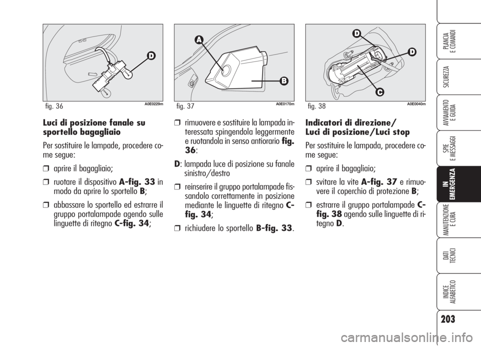 Alfa Romeo 159 2006 Libretto Uso Manutenzione (in Italian) 203
SICUREZZA
SPIE
E MESSAGGI
IN
EMERGENZA
MANUTENZIONE
E CURA
DATI
TECNICI
INDICE
ALFABETICO
PLANCIA
E COMANDI
AVVIAMENTO
E GUIDAIndicatori di direzione/
Luci di posizione/Luci stop
Per sostituire Alfa Romeo 159 2006 Libretto Uso Manutenzione (in Italian) 203
SICUREZZA
SPIE
E MESSAGGI
IN
EMERGENZA
MANUTENZIONE
E CURA
DATI
TECNICI
INDICE
ALFABETICO
PLANCIA
E COMANDI
AVVIAMENTO
E GUIDAIndicatori di direzione/
Luci di posizione/Luci stop
Per sostituire