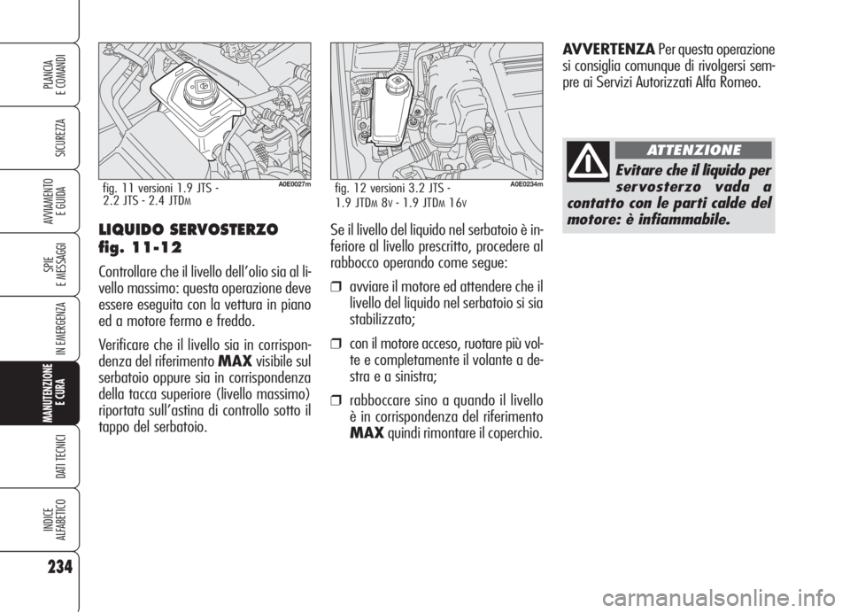 Alfa Romeo 159 2006 Libretto Uso Manutenzione (in Italian) 234
SICUREZZA
SPIE
E MESSAGGI
IN EMERGENZA
MANUTENZIONE
E CURA
DATI TECNICI
INDICE
ALFABETICO
PLANCIA
E COMANDI
AVVIAMENTO
E GUIDALIQUIDO SERVOSTERZO
fig. 11-12
Controllare che il livello dell’ol Alfa Romeo 159 2006 Libretto Uso Manutenzione (in Italian) 234
SICUREZZA
SPIE
E MESSAGGI
IN EMERGENZA
MANUTENZIONE
E CURA
DATI TECNICI
INDICE
ALFABETICO
PLANCIA
E COMANDI
AVVIAMENTO
E GUIDALIQUIDO SERVOSTERZO
fig. 11-12
Controllare che il livello dell’ol
