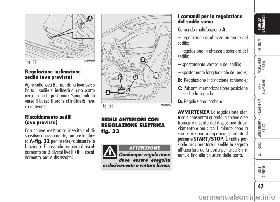 Alfa Romeo 159 2006  Libretto Uso Manutenzione (in Italian) 47
SICUREZZA
SPIE
E MESSAGGI
IN EMERGENZA
MANUTENZIONE
E CURA
DATI TECNICI
INDICE
ALFABETICO
PLANCIA
E COMANDI
AVVIAMENTO 
E GUIDA
SEDILI ANTERIORI CON
REGOLAZIONE ELETTRICA
fig. 33
I comandi per la r