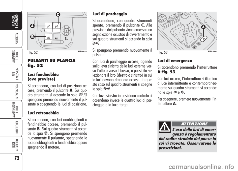 Alfa Romeo 159 2006 Libretto Uso Manutenzione (in Italian) 72
SICUREZZA
SPIE
E MESSAGGI
IN EMERGENZA
MANUTENZIONE
E CURA
DATI TECNICI
INDICE
ALFABETICO
PLANCIA
E COMANDI
AVVIAMENTO
E GUIDA
Luci di parcheggio
Si accendono, con quadro strumenti
spento, premen Alfa Romeo 159 2006 Libretto Uso Manutenzione (in Italian) 72
SICUREZZA
SPIE
E MESSAGGI
IN EMERGENZA
MANUTENZIONE
E CURA
DATI TECNICI
INDICE
ALFABETICO
PLANCIA
E COMANDI
AVVIAMENTO
E GUIDA
Luci di parcheggio
Si accendono, con quadro strumenti
spento, premen