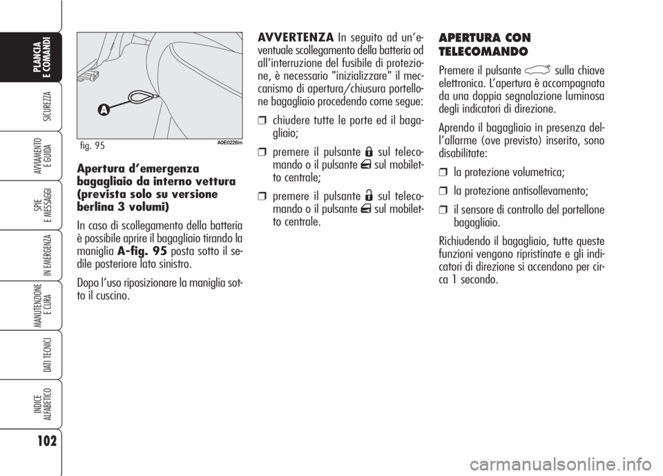 Alfa Romeo 159 2007  Libretto Uso Manutenzione (in Italian) 102
SICUREZZA
SPIE
E MESSAGGI
IN EMERGENZA
MANUTENZIONE
E CURA 
DATI TECNICI
INDICE
ALFABETICO
PLANCIA
E COMANDI
AVVIAMENTO 
E GUIDA
APERTURA CON
TELECOMANDO
Premere il pulsante `sulla chiave
elettron