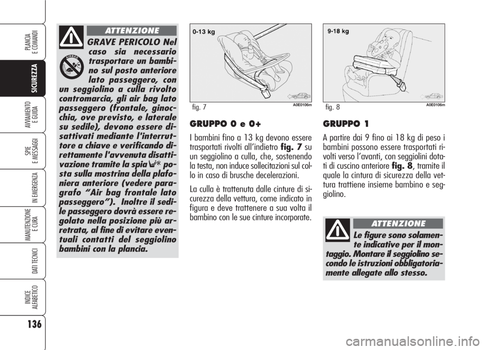 Alfa Romeo 159 2007 Libretto Uso Manutenzione (in Italian) 136
SICUREZZA
SPIE
E MESSAGGI
IN EMERGENZA
MANUTENZIONE
E CURA
DATI TECNICI
INDICE
ALFABETICO
PLANCIA
E COMANDI
AVVIAMENTO
E GUIDAGRUPPO 0 e 0+
I bambini fino a 13 kg devono essere
trasportati rivol Alfa Romeo 159 2007 Libretto Uso Manutenzione (in Italian) 136
SICUREZZA
SPIE
E MESSAGGI
IN EMERGENZA
MANUTENZIONE
E CURA
DATI TECNICI
INDICE
ALFABETICO
PLANCIA
E COMANDI
AVVIAMENTO
E GUIDAGRUPPO 0 e 0+
I bambini fino a 13 kg devono essere
trasportati rivol