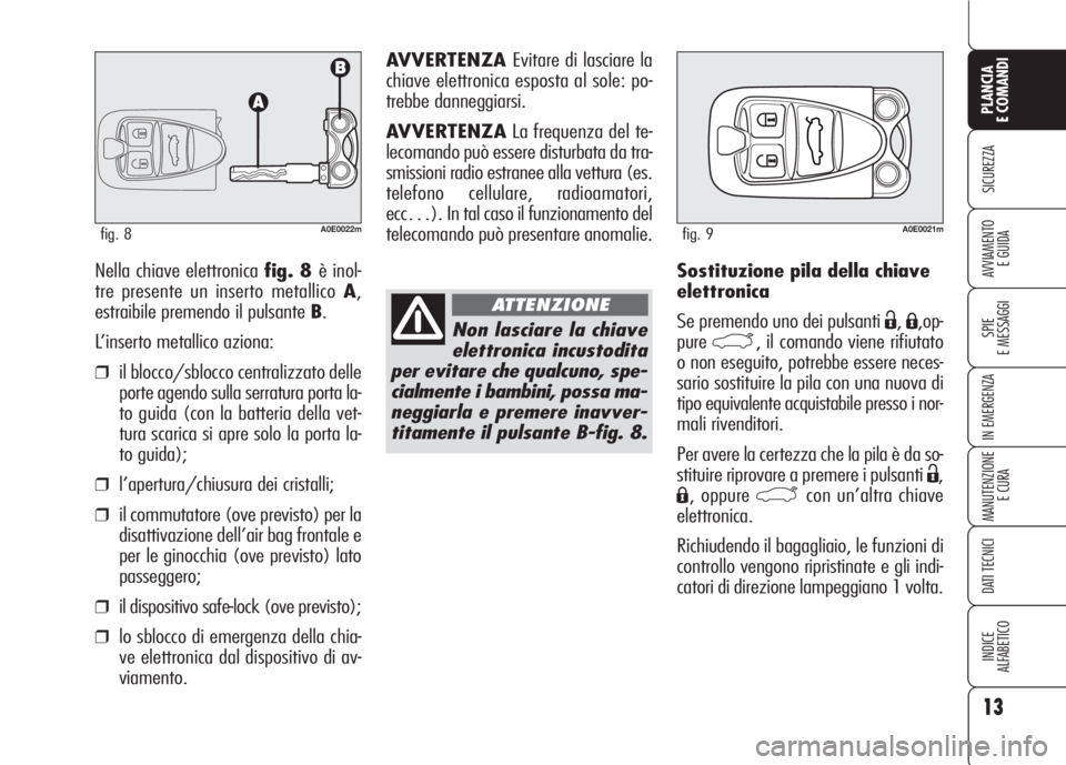 Alfa Romeo 159 2007  Libretto Uso Manutenzione (in Italian) 13
SICUREZZA
SPIE
E MESSAGGI
IN EMERGENZA
MANUTENZIONE
E CURA
DATI TECNICI
INDICE
ALFABETICO
PLANCIA
E COMANDI
AVVIAMENTO 
E GUIDASostituzione pila della chiave
elettronica
Se premendo uno dei pulsant