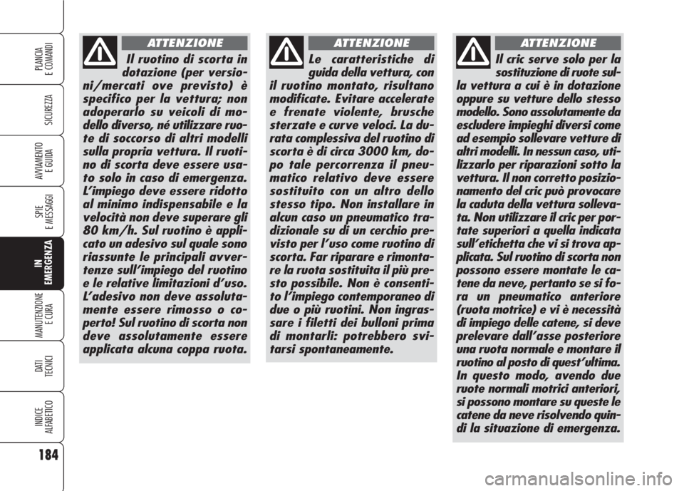 Alfa Romeo 159 2007 Libretto Uso Manutenzione (in Italian) 184
SICUREZZA
SPIE
E MESSAGGI
IN
EMERGENZA
MANUTENZIONE
E CURA
DATI
TECNICI
INDICE
ALFABETICO
PLANCIA
E COMANDI
AVVIAMENTO
E GUIDA
Il ruotino di scorta in
dotazione (per versio-
ni/mercati ove previ Alfa Romeo 159 2007 Libretto Uso Manutenzione (in Italian) 184
SICUREZZA
SPIE
E MESSAGGI
IN
EMERGENZA
MANUTENZIONE
E CURA
DATI
TECNICI
INDICE
ALFABETICO
PLANCIA
E COMANDI
AVVIAMENTO
E GUIDA
Il ruotino di scorta in
dotazione (per versio-
ni/mercati ove previ