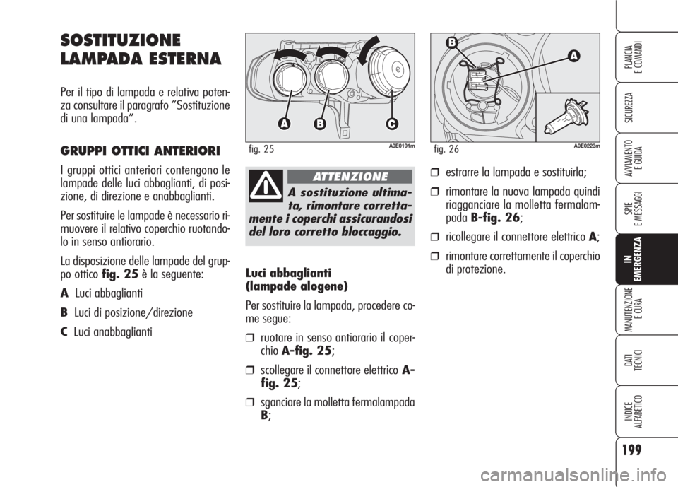 Alfa Romeo 159 2007 Libretto Uso Manutenzione (in Italian) 199
SICUREZZA
SPIE
E MESSAGGI
IN
EMERGENZA
MANUTENZIONE
E CURA
DATI
TECNICI
INDICE
ALFABETICO
PLANCIA
E COMANDI
AVVIAMENTO
E GUIDA
Luci abbaglianti
(lampade alogene)
Per sostituire la lampada, proc Alfa Romeo 159 2007 Libretto Uso Manutenzione (in Italian) 199
SICUREZZA
SPIE
E MESSAGGI
IN
EMERGENZA
MANUTENZIONE
E CURA
DATI
TECNICI
INDICE
ALFABETICO
PLANCIA
E COMANDI
AVVIAMENTO
E GUIDA
Luci abbaglianti
(lampade alogene)
Per sostituire la lampada, proc