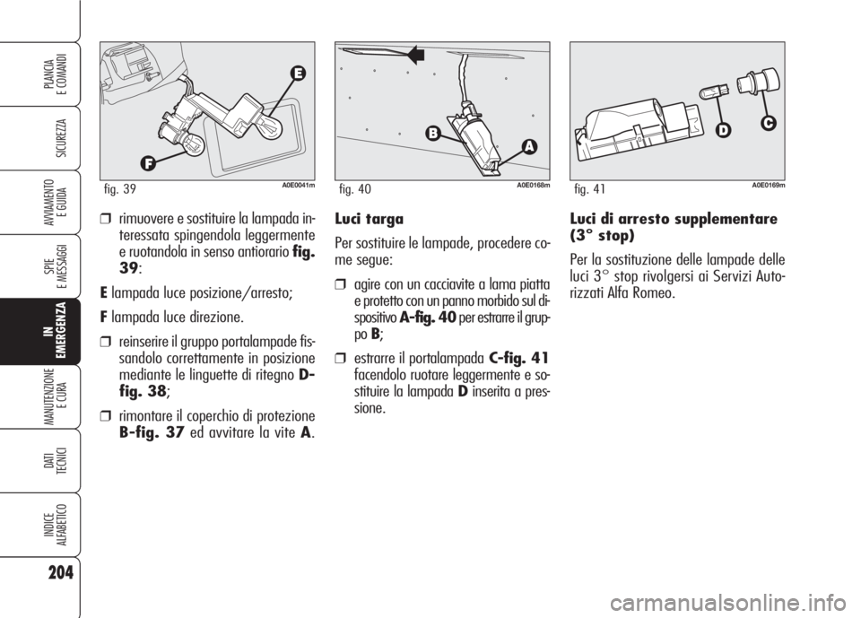Alfa Romeo 159 2007 Libretto Uso Manutenzione (in Italian) Luci di arresto supplementare
(3° stop)
Per la sostituzione delle lampade delle
luci 3° stop rivolgersi ai Servizi Auto-
rizzati Alfa Romeo. ❒rimuovere e sostituire la lampada in-
teressata spinge Alfa Romeo 159 2007 Libretto Uso Manutenzione (in Italian) Luci di arresto supplementare
(3° stop)
Per la sostituzione delle lampade delle
luci 3° stop rivolgersi ai Servizi Auto-
rizzati Alfa Romeo. ❒rimuovere e sostituire la lampada in-
teressata spinge