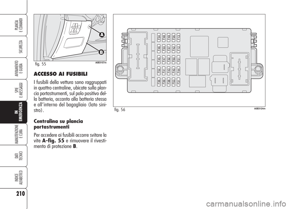 Alfa Romeo 159 2007 Libretto Uso Manutenzione (in Italian) ACCESSO AI FUSIBILI
I fusibili della vettura sono raggruppati
in quattro centraline, ubicate sulla plan-
cia portastrumenti, sul polo positivo del-
la batteria, accanto alla batteria stessa
e all’in Alfa Romeo 159 2007 Libretto Uso Manutenzione (in Italian) ACCESSO AI FUSIBILI
I fusibili della vettura sono raggruppati
in quattro centraline, ubicate sulla plan-
cia portastrumenti, sul polo positivo del-
la batteria, accanto alla batteria stessa
e all’in