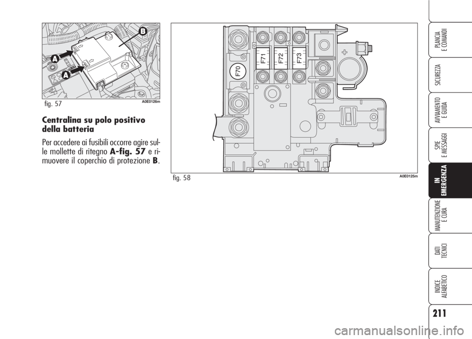 Alfa Romeo 159 2007 Libretto Uso Manutenzione (in Italian) 211
SICUREZZA
SPIE
E MESSAGGI
IN
EMERGENZA
MANUTENZIONE
E CURA
DATI
TECNICI
INDICE
ALFABETICO
PLANCIA
E COMANDI
AVVIAMENTO
E GUIDACentralina su polo positivo
della batteria
Per accedere ai fusibili Alfa Romeo 159 2007 Libretto Uso Manutenzione (in Italian) 211
SICUREZZA
SPIE
E MESSAGGI
IN
EMERGENZA
MANUTENZIONE
E CURA
DATI
TECNICI
INDICE
ALFABETICO
PLANCIA
E COMANDI
AVVIAMENTO
E GUIDACentralina su polo positivo
della batteria
Per accedere ai fusibili