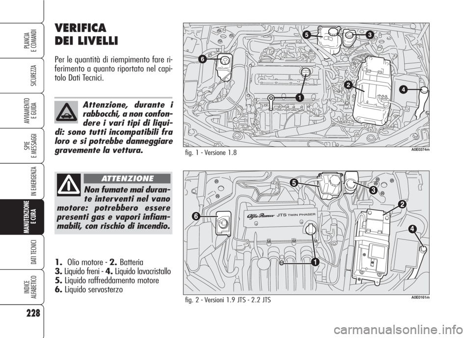 Alfa Romeo 159 2007 Libretto Uso Manutenzione (in Italian) 228
SICUREZZA
SPIE
E MESSAGGI
IN EMERGENZA
MANUTENZIONE
E CURA
DATI TECNICI
INDICE
ALFABETICO
PLANCIA
E COMANDI
AVVIAMENTO
E GUIDA
VERIFICA
DEI LIVELLI
Per le quantità di riempimento fare ri-
ferim Alfa Romeo 159 2007 Libretto Uso Manutenzione (in Italian) 228
SICUREZZA
SPIE
E MESSAGGI
IN EMERGENZA
MANUTENZIONE
E CURA
DATI TECNICI
INDICE
ALFABETICO
PLANCIA
E COMANDI
AVVIAMENTO
E GUIDA
VERIFICA
DEI LIVELLI
Per le quantità di riempimento fare ri-
ferim