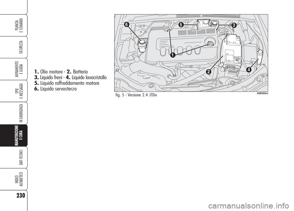 Alfa Romeo 159 2007 Libretto Uso Manutenzione (in Italian) 230
SICUREZZA
SPIE
E MESSAGGI
IN EMERGENZA
MANUTENZIONE
E CURA
DATI TECNICI
INDICE
ALFABETICO
PLANCIA
E COMANDI
AVVIAMENTO
E GUIDA
fig. 5 - Versione 2.4 JTDMA0E0203m
1.Olio motore - 2.Batteria
3.Liq Alfa Romeo 159 2007 Libretto Uso Manutenzione (in Italian) 230
SICUREZZA
SPIE
E MESSAGGI
IN EMERGENZA
MANUTENZIONE
E CURA
DATI TECNICI
INDICE
ALFABETICO
PLANCIA
E COMANDI
AVVIAMENTO
E GUIDA
fig. 5 - Versione 2.4 JTDMA0E0203m
1.Olio motore - 2.Batteria
3.Liq