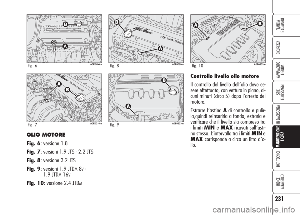 Alfa Romeo 159 2007 Libretto Uso Manutenzione (in Italian) 231
SICUREZZA
SPIE
E MESSAGGI
IN EMERGENZA
MANUTENZIONE
E CURA
DATI TECNICI
INDICE
ALFABETICO
PLANCIA
E COMANDI
AVVIAMENTO
E GUIDA
OLIO MOTORE
Fig. 6: versione 1.8
Fig. 7: versioni 1.9 JTS - 2.2 JTS
Alfa Romeo 159 2007 Libretto Uso Manutenzione (in Italian) 231
SICUREZZA
SPIE
E MESSAGGI
IN EMERGENZA
MANUTENZIONE
E CURA
DATI TECNICI
INDICE
ALFABETICO
PLANCIA
E COMANDI
AVVIAMENTO
E GUIDA
OLIO MOTORE
Fig. 6: versione 1.8
Fig. 7: versioni 1.9 JTS - 2.2 JTS