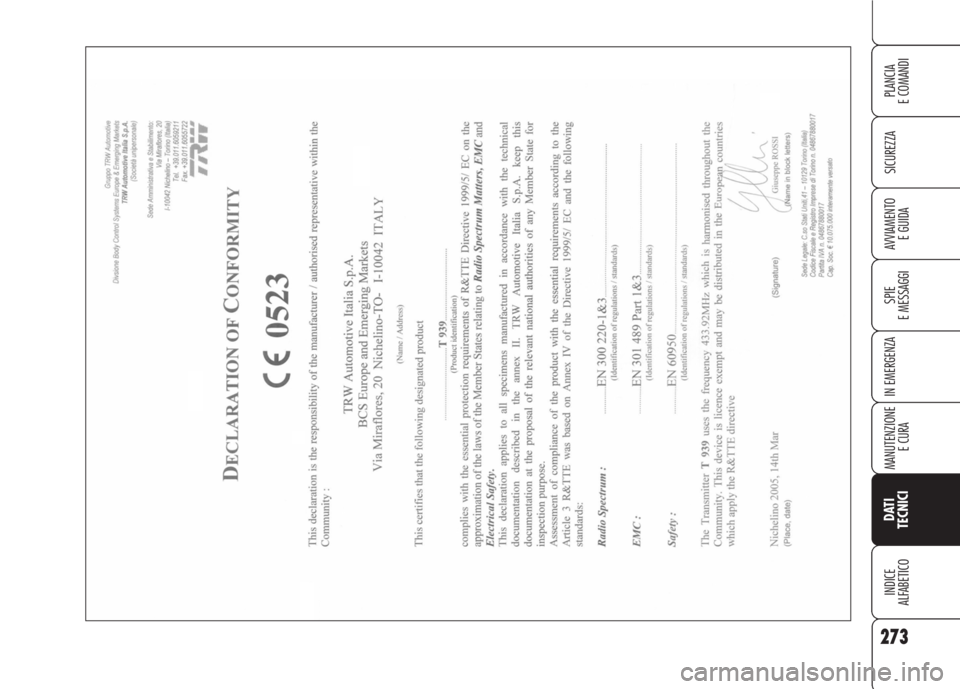 Alfa Romeo 159 2007 Libretto Uso Manutenzione (in Italian) 273
SICUREZZA
SPIE
E MESSAGGI
IN EMERGENZA
MANUTENZIONE
E CURA
DATI
TECNICI
INDICE
ALFABETICO
PLANCIA
E COMANDI
AVVIAMENTO
E GUIDA Alfa Romeo 159 2007 Libretto Uso Manutenzione (in Italian) 273
SICUREZZA
SPIE
E MESSAGGI
IN EMERGENZA
MANUTENZIONE
E CURA
DATI
TECNICI
INDICE
ALFABETICO
PLANCIA
E COMANDI
AVVIAMENTO
E GUIDA