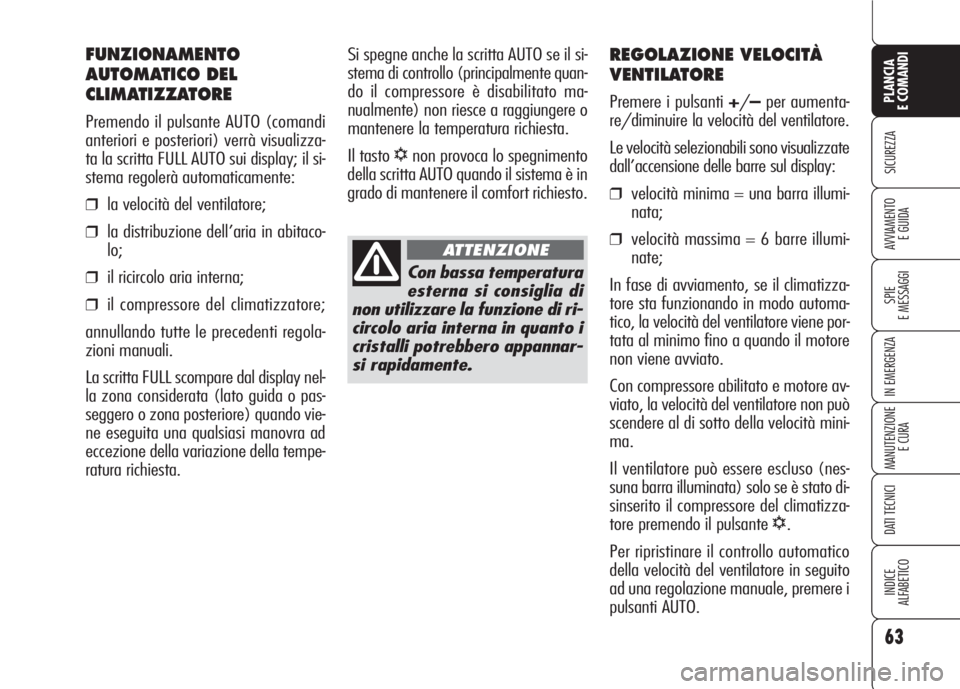Alfa Romeo 159 2007  Libretto Uso Manutenzione (in Italian) 63
SICUREZZA
SPIE
E MESSAGGI
IN EMERGENZA
MANUTENZIONE
E CURA
DATI TECNICI
INDICE
ALFABETICO
PLANCIA
E COMANDI
AVVIAMENTO 
E GUIDA
REGOLAZIONE VELOCITÀ
VENTILATORE
Premere i pulsanti +/–per aumenta