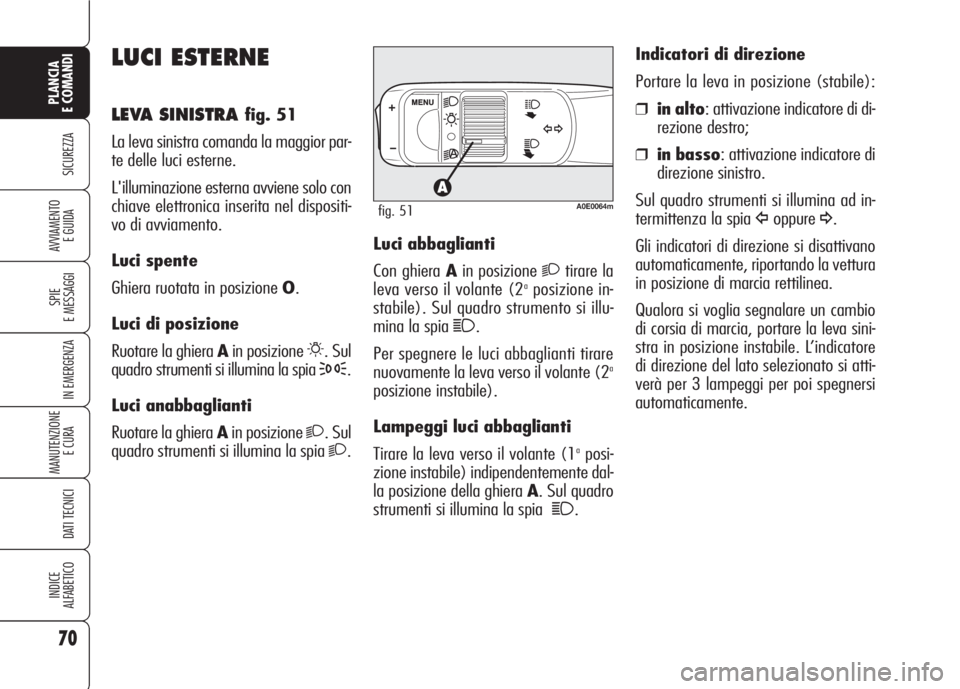 Alfa Romeo 159 2007  Libretto Uso Manutenzione (in Italian) 70
SICUREZZA
SPIE
E MESSAGGI
IN EMERGENZA
MANUTENZIONE
E CURA 
DATI TECNICI
INDICE
ALFABETICO
PLANCIA
E COMANDI
AVVIAMENTO 
E GUIDA
LUCI ESTERNE
LEVA SINISTRA fig. 51
La leva sinistra comanda la maggi